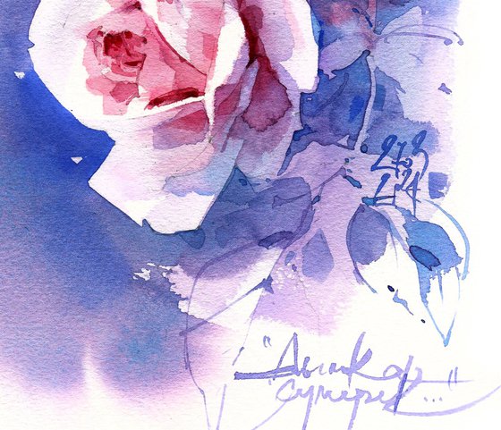 "Twilight mist" - original watercolor pink white rose sketch