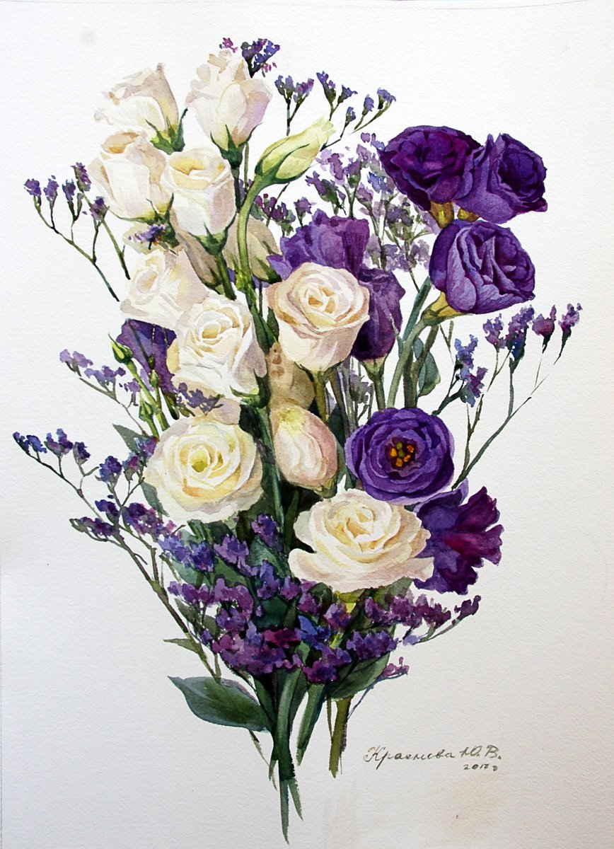 Photorealistic Botanical Watercolour By Yulia Krasnov, 13 X 19", White And Purple Lisianthus, Original Artwork