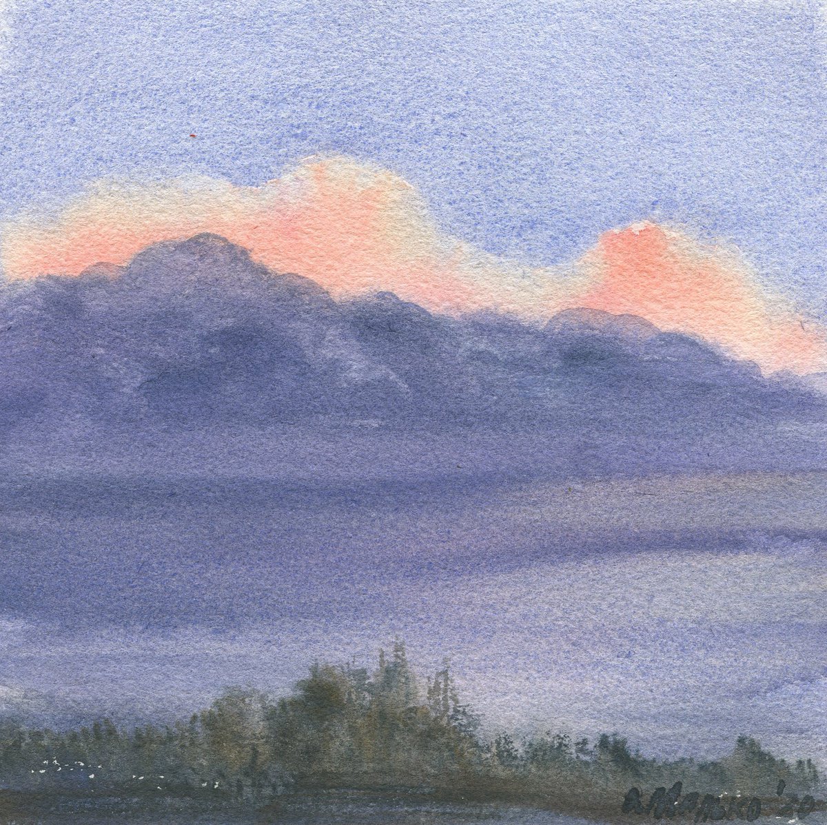 Sky 12 / Pink cloud Watercolor skyscape Evening sky by Olha Malko