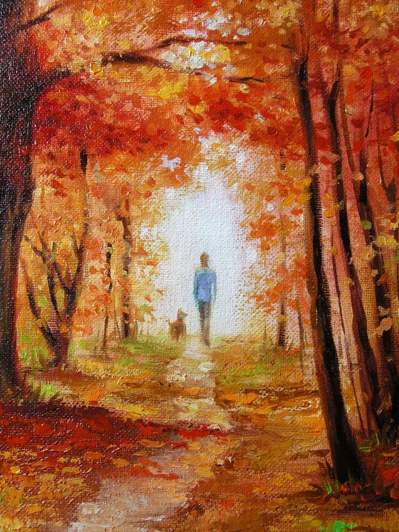 THE AUTUMN WALK WITH FOUR-LEGGED FRIEND (Impressionistic palette knife oil painting nature landscape fall autumn forest path)