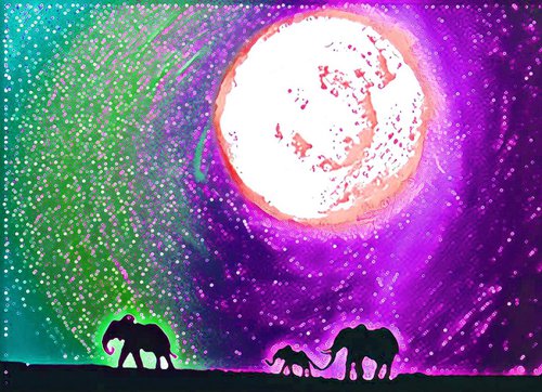 original abstract animal art print "Elephants on Rainbow Island" purple violet africa animal artwork A3 11.69 x 16.53 " by Stuart Wright