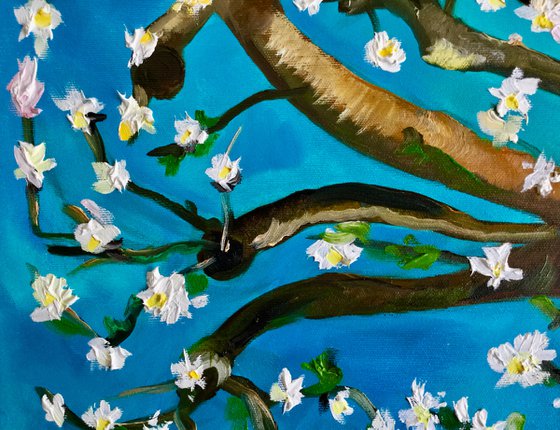 Almond blossom on turquoise inspired by Vincent Van Gogh oil painting ready to hang