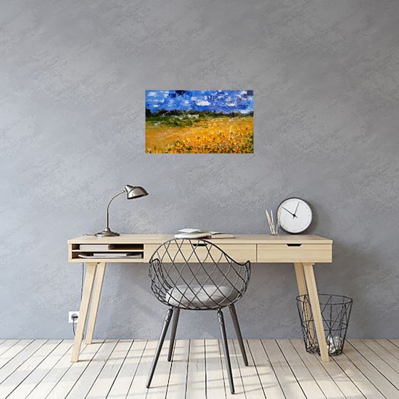 Ukraine Painting Landscape Original Art Sunflower Field Oil Impasto Artwork Ukrainian Sky Home Wall Art 20 by 12 inches