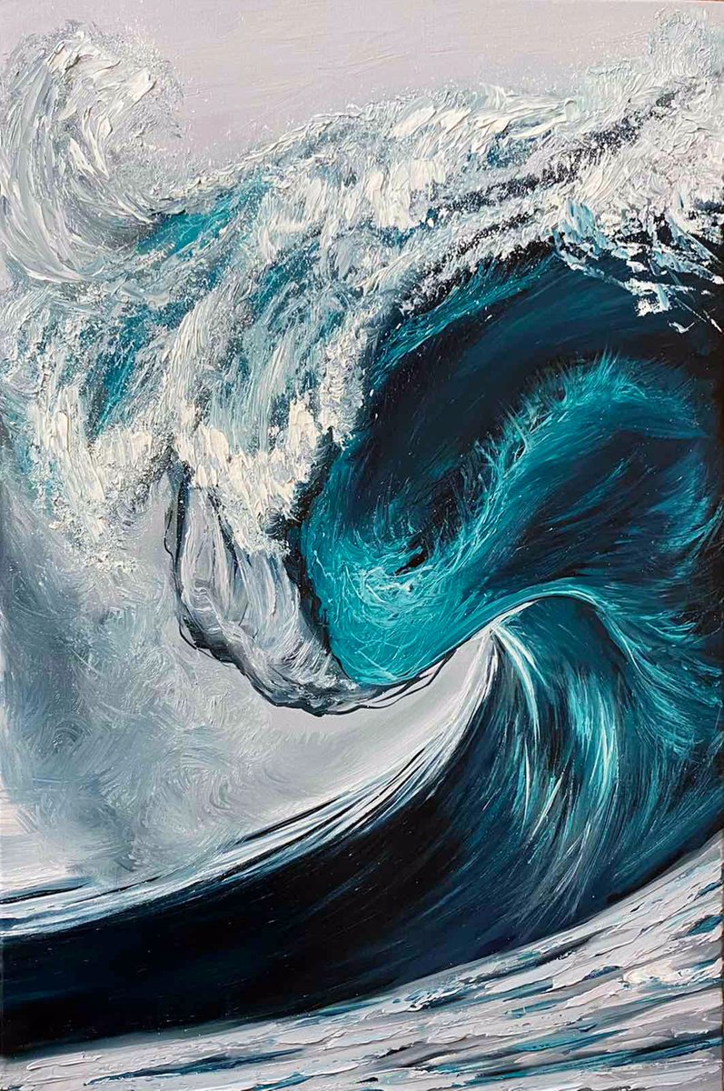 Impressionistic Landscape Oil Painting By Elena Adele Dmitrenko, 16 X 24, Oceanic Wave, Original Artwork