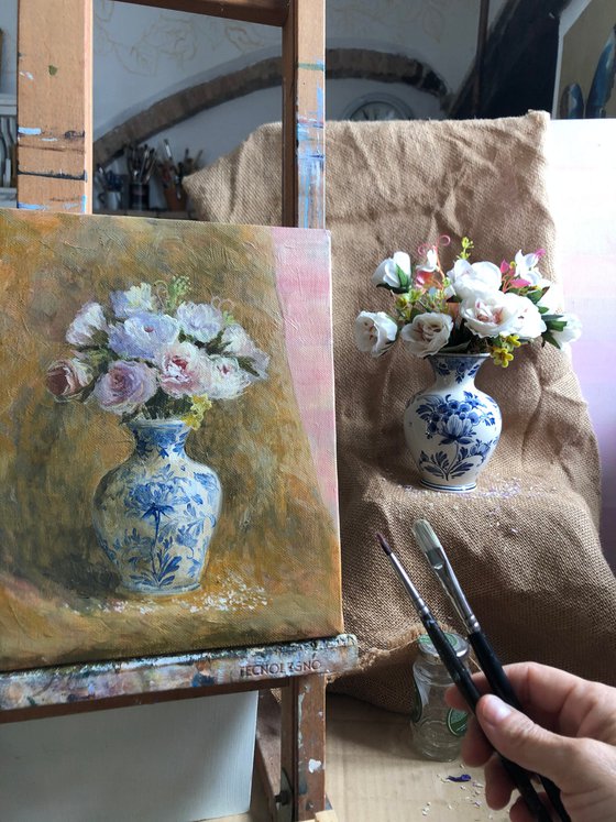 White Flowers in Blue and White Porcelain Vase