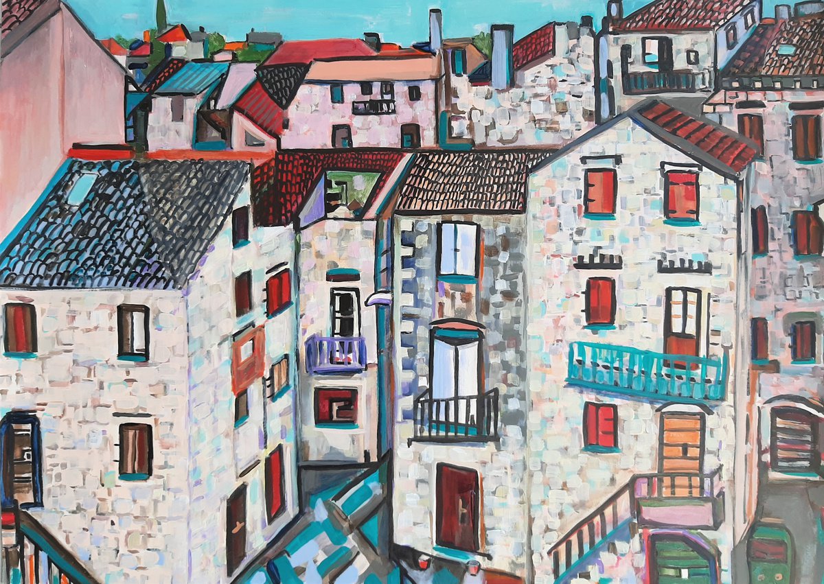 Impressionistic Cityscapes Acrylic Painting By Alexandra Djokic, 28 X 20, Mediterranean Street, Original Artwork