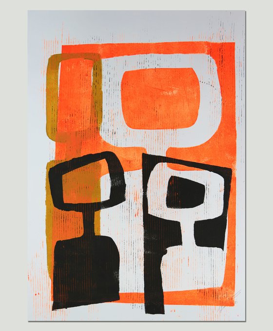 Abstract Family Portrait  - Art on paper - Neon Orange & Black - (A2-42cmx59,4cm) 06J