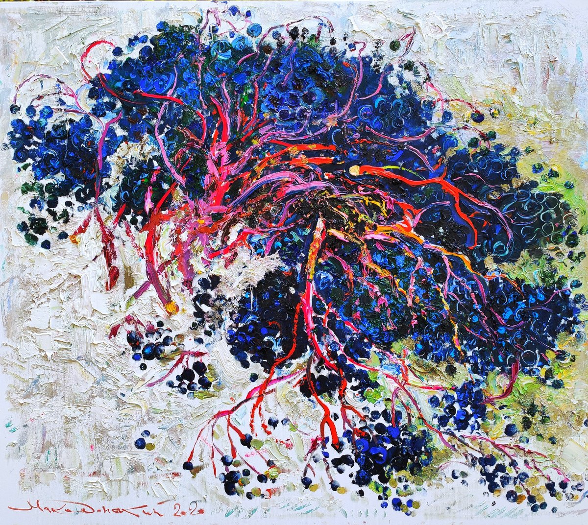 Impressionistic Still Life Oil Painting By Pavlo Makedonskyi, 35 X 31", ?lack Elderberry, Original Artwork