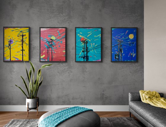 XXXL Urban painting-"Electricity"-Pop art-Polyptych-Bright-Street art-Diptych-Electric pole-Urban-Sunset