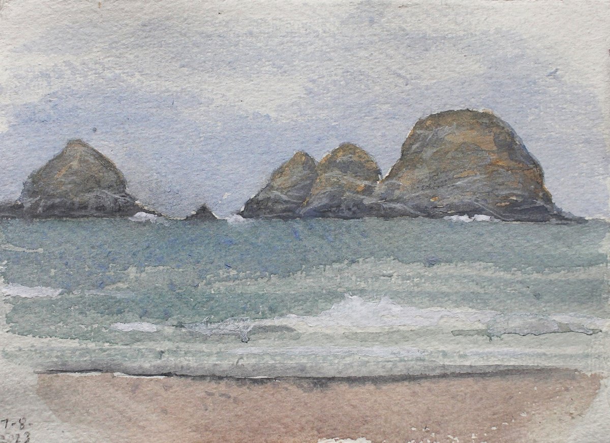 Expressive Landscape Watercolour By John Fleck, 6 X 4, Oceanside Rocks, Oregon, Original Artwork