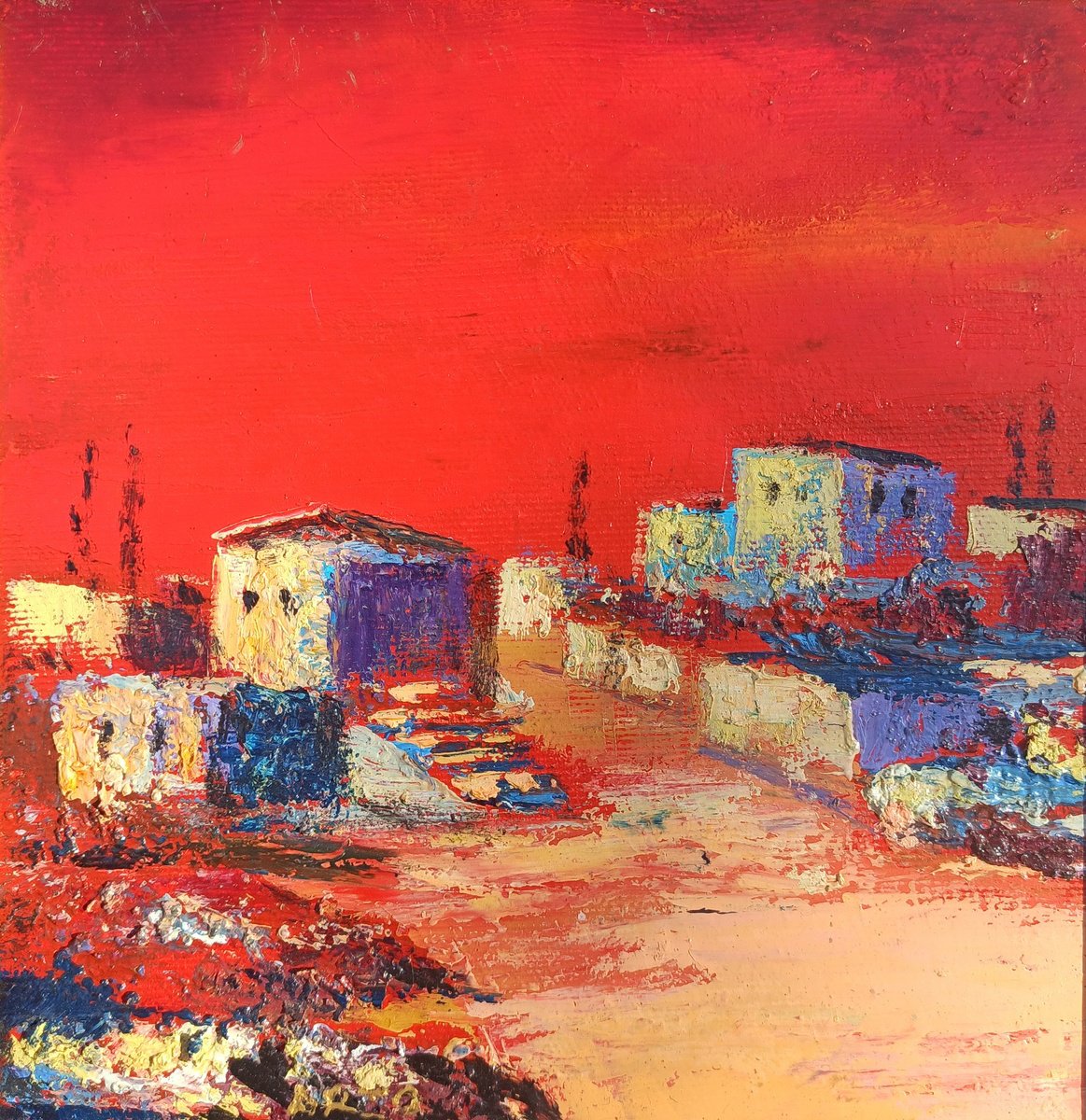 Abstract Landscape Oil Painting By Arto Mkrtchyan, 8 X 8, Crimson Dusk, Original Artwork