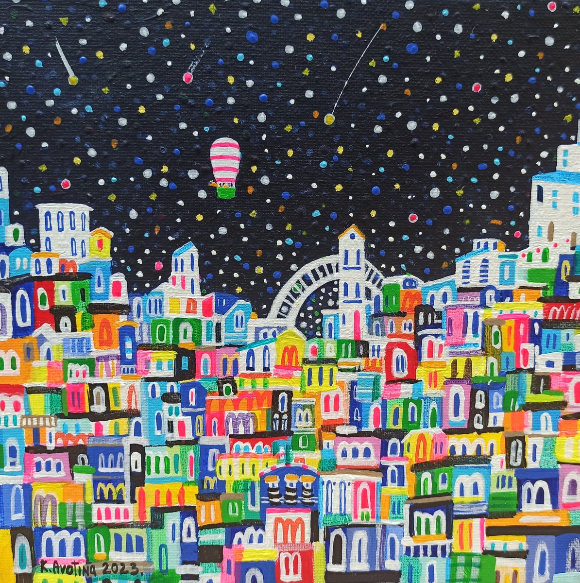 Impressionistic Cityscapes Acrylic Painting By Katrina Avotina, 8 X 8", Message From The Stars, Original Artwork