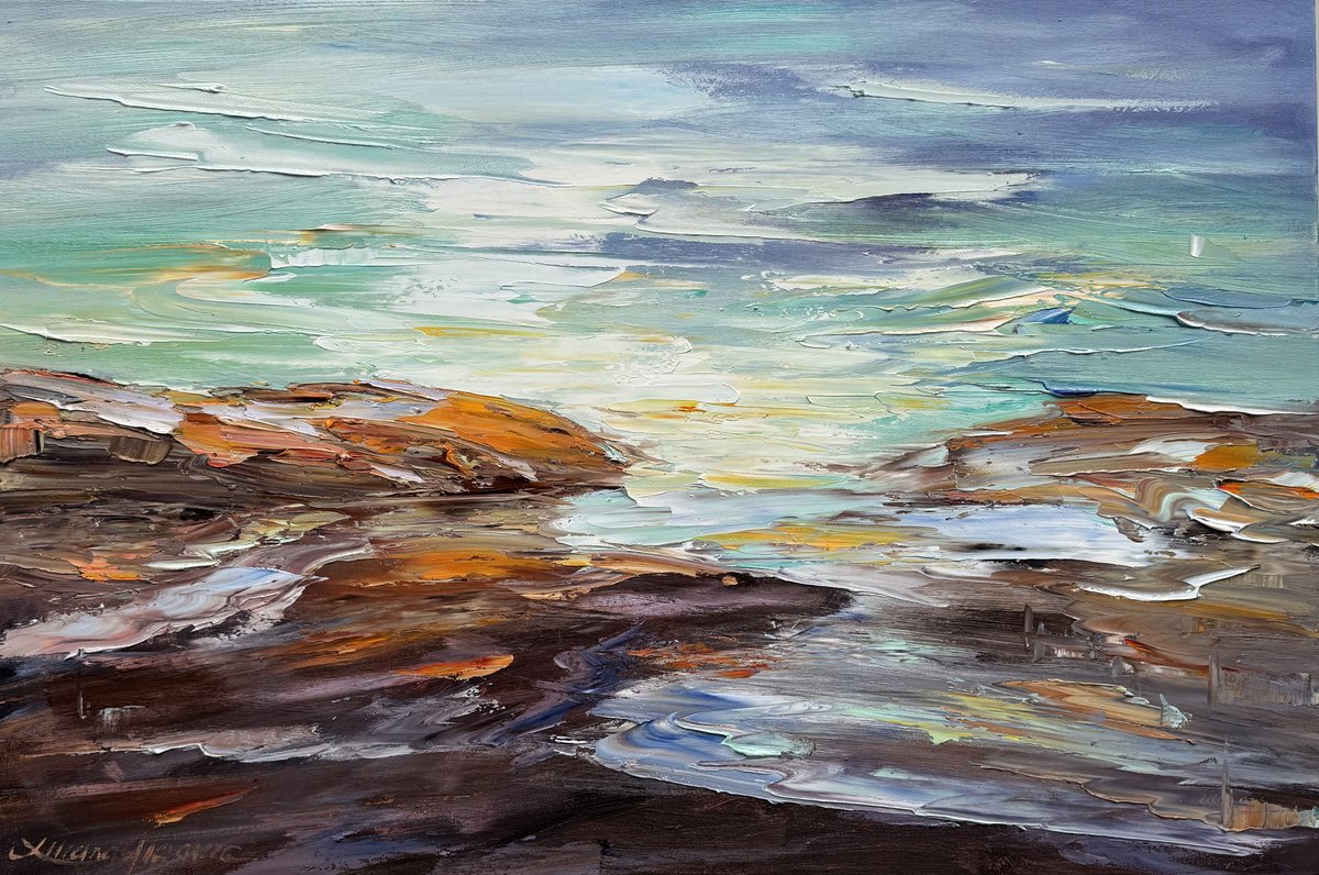 Impressionistic Landscape Oil Painting By Liliana Gigovic, 36 X 24", Ocean Stories No 3, Original Artwork