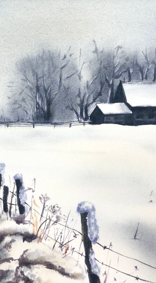 Snowy village winter landscape by Alina Karpova