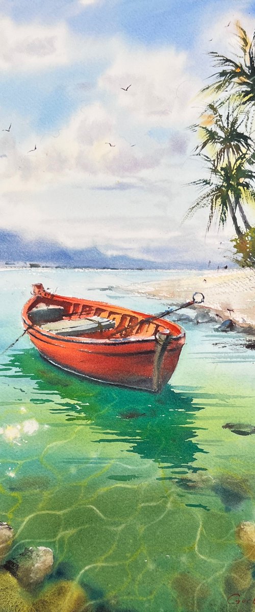 Red Boat in Emerald Bay by Eugenia Gorbacheva