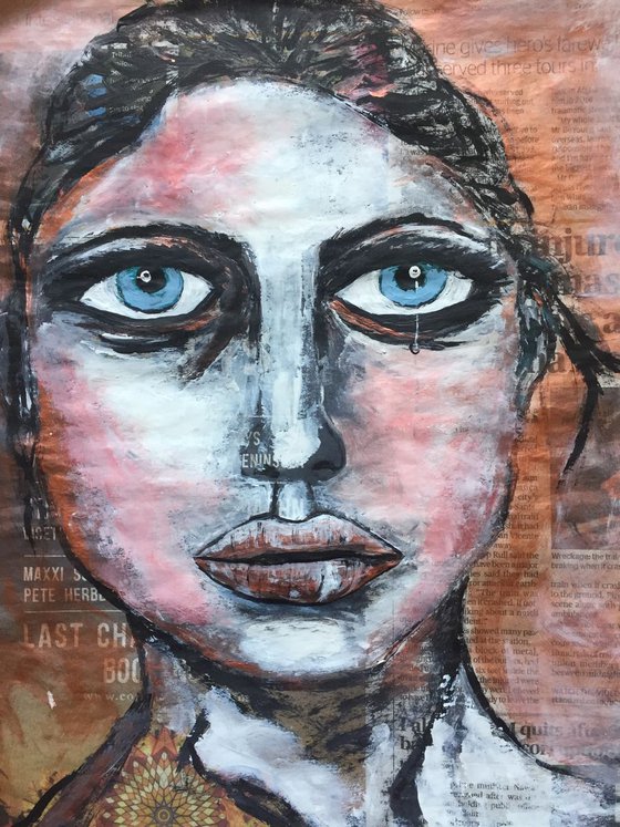 Tear Drop Face on Newspaper Woman Face Art Portraiture Beautiful Girl 37x29cm Artwork Gift Ideas Original Art Modern Art Contemporary Painting Abstract Art For Sale Free Shipping