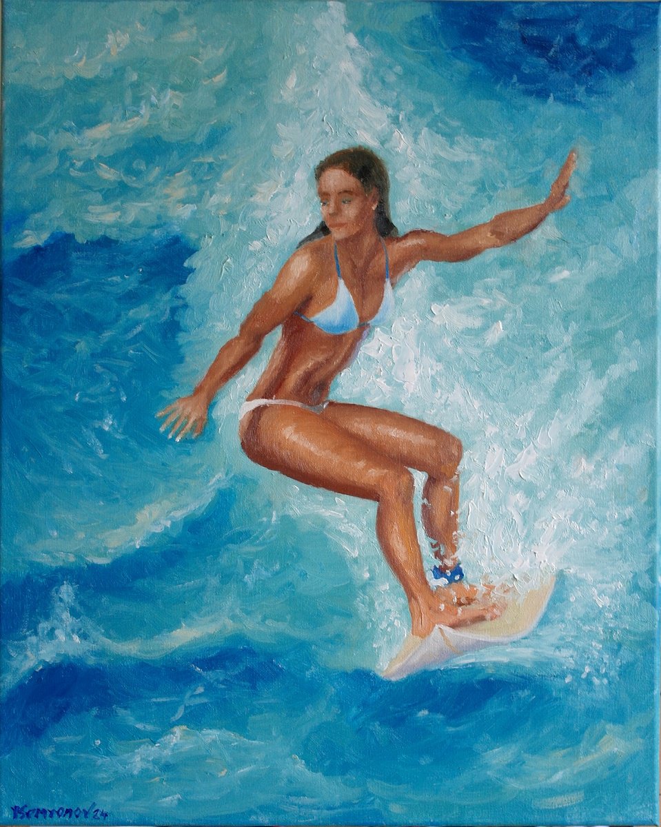Impressionistic Portrait Oil Painting By Juri Semjonov, 16 X 20", A Lovely Surfer Girl #2, Original Artwork