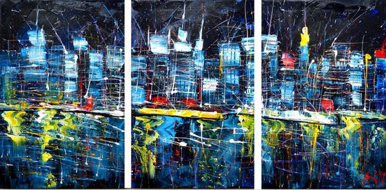 NIGHT CITY, Triptych, 120X60 CM, IMPASTO KNIFE PAINTING, GIFT ART, READY TO HANG