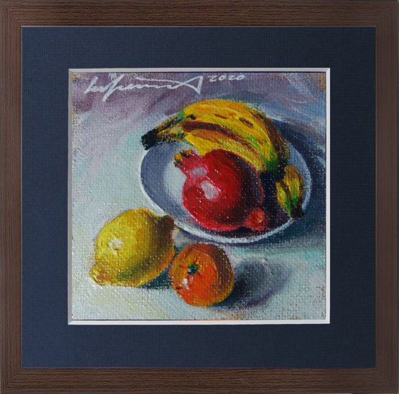 'FRUITS FROM YELLOW TO RED" - Small Painting on Jute under Mat