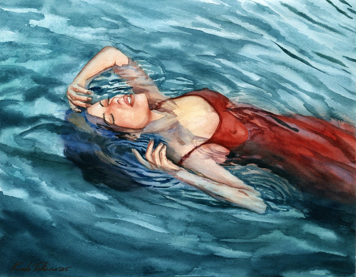 Impressionistic Portrait Watercolour By Tetiana Koda, 14 X 11", Embraced By Water, Original Artwork