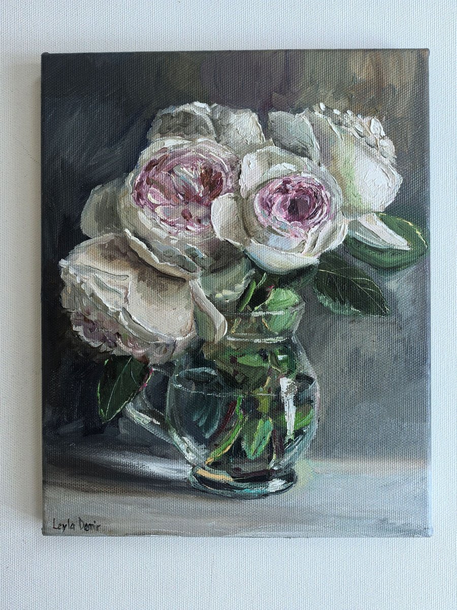 Impressionistic Botanical Oil Painting By Leyla Demir, 9 X 12", Pink Roses, Original Artwork