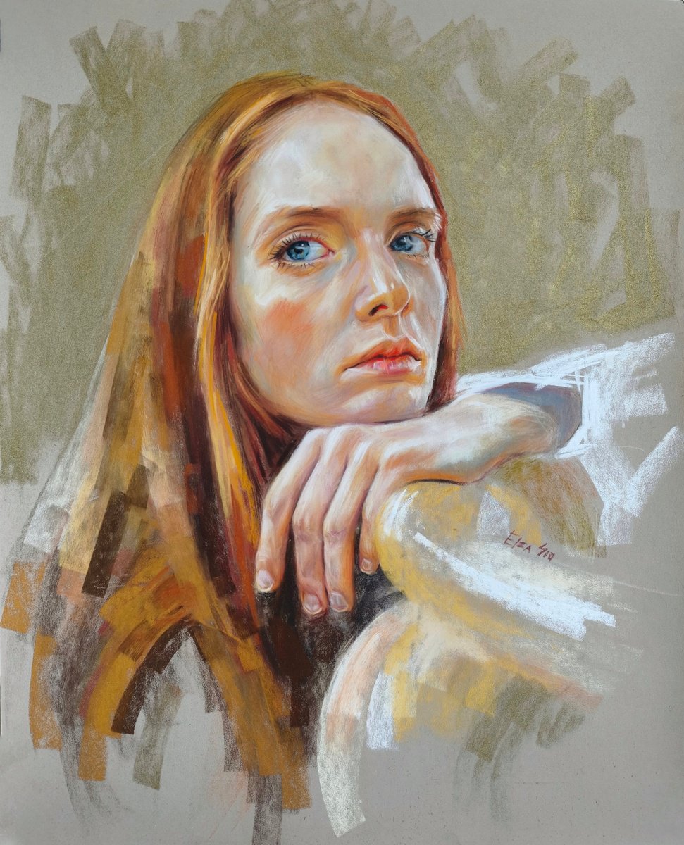 Impressionistic Pastel Drawing , Golden Portrait 2 By Elza Slo, 28 X 31, Artwork For Sale On Artfinder