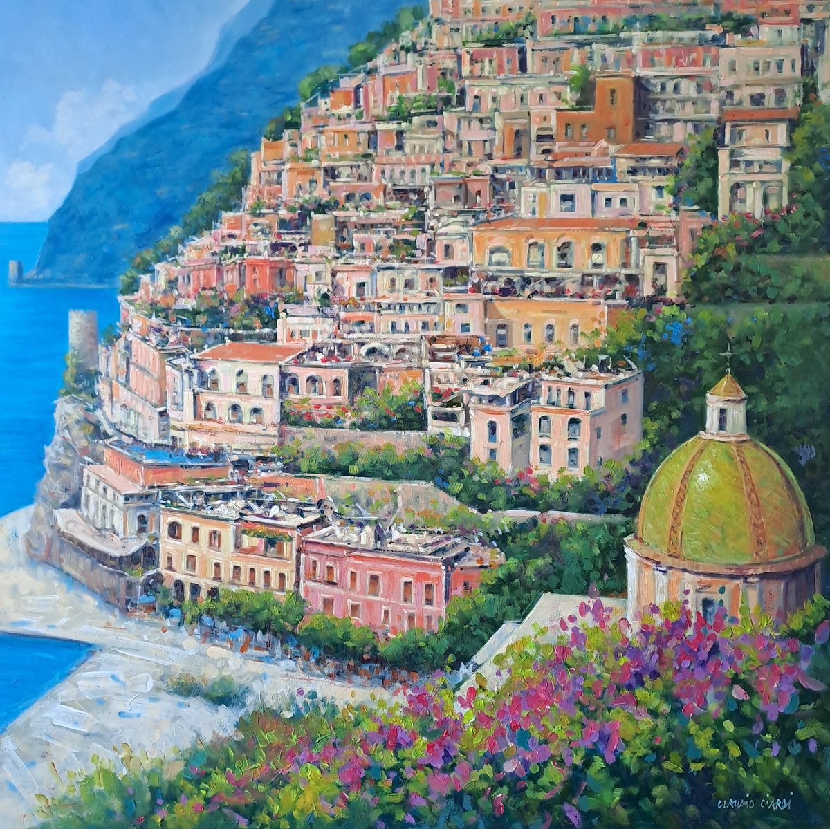 Impressionistic Cityscapes Oil Painting By Claudio Ciardi, 31 X 31, Positano, Original Artwork