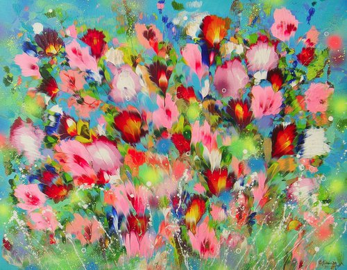35.5” Spring, Floral Abstract Painting by Irini Karpikioti
