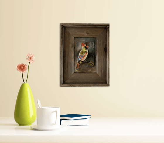 Female Cardinal 3D oil painting on a gessoed masonite mounted on gessoed panelboard 4x6
