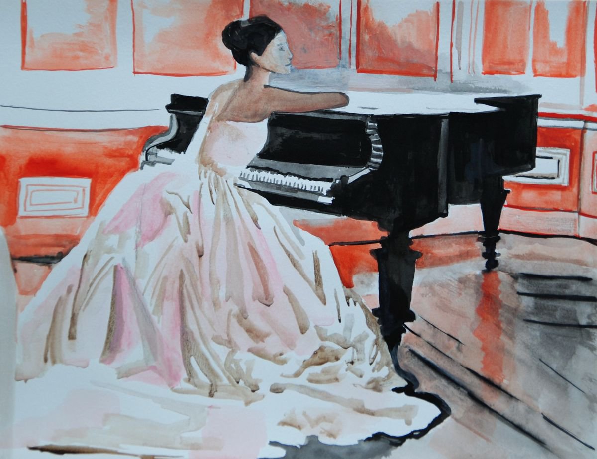 Girl and piano / 35 x 27 cm by Alexandra Djokic