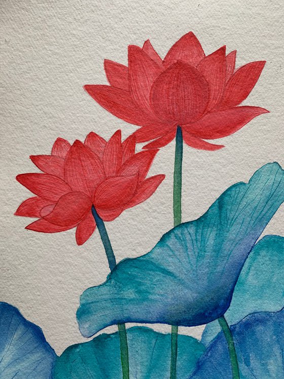 Red lotus ! A3 size Painting on Indian handmade paper