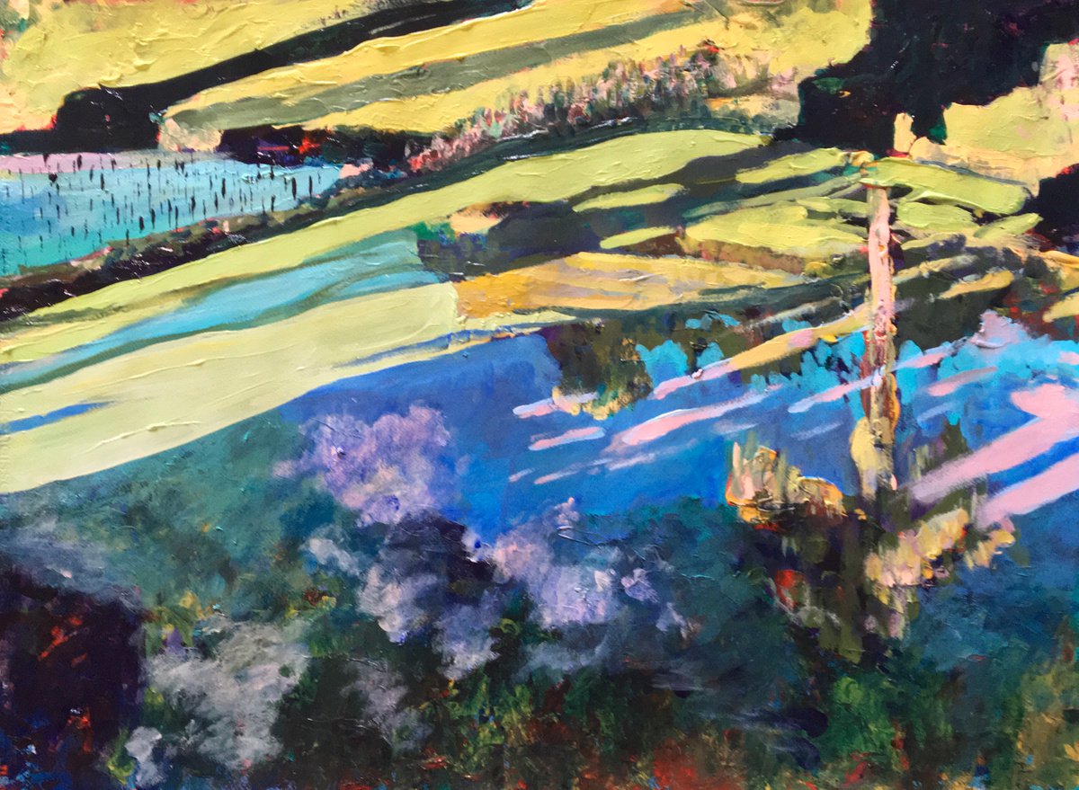 Impressionistic Landscape Acrylic Painting By John Cottee, 30 X 22, Rice Shadows, Reflections, Original Artwork