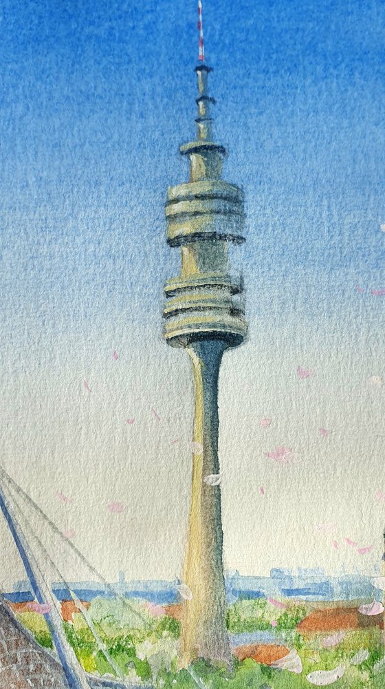 Spring cherry blooming in Munich Olympiapark