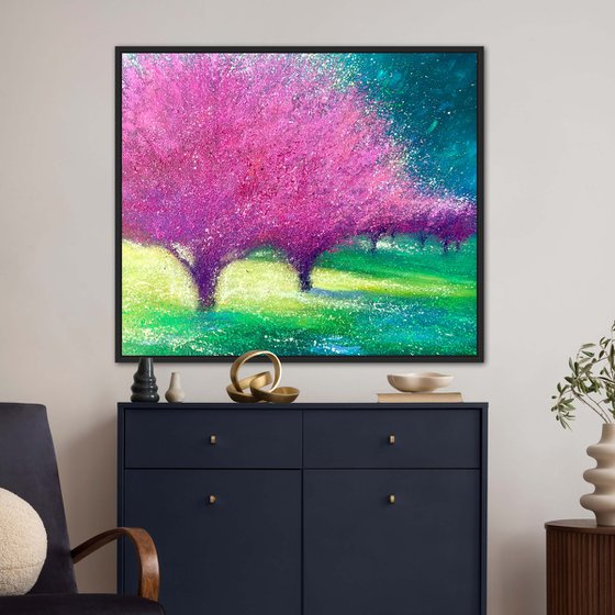 Sakura blossom painting on canvas, spring flower, nature wall art