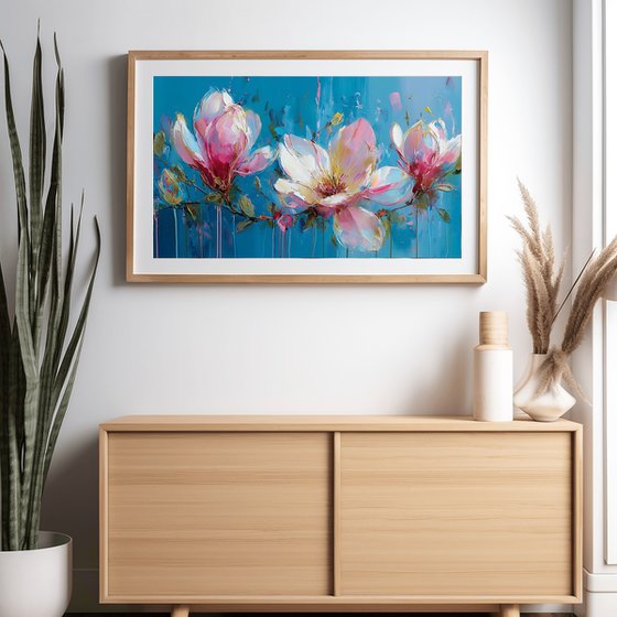 Magnolia on Turquoise Blue