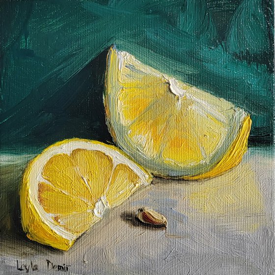 Lemon fruit still life oil painting realistic citrus wall decor 4x4"