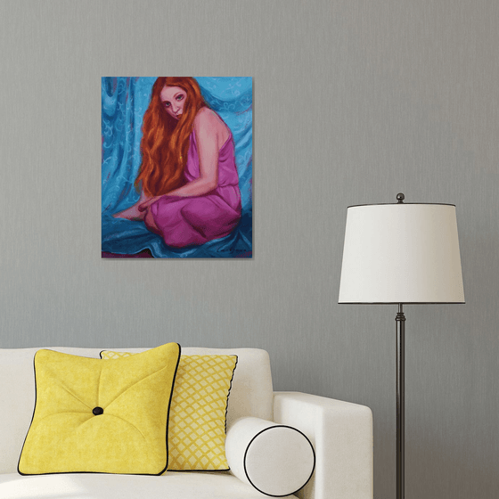 Red-haired girl on turquoise background