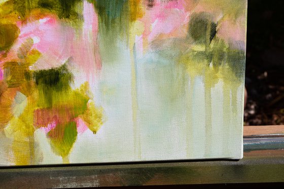 Flowers pink roses in a garden - impressionistic semi abstract floral painting Monet inspired