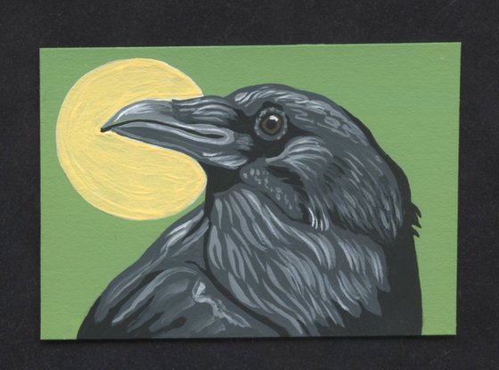 ACEO ATC Original Miniature Painting Crow Raven Bird Wildlife Art-Carla Smale