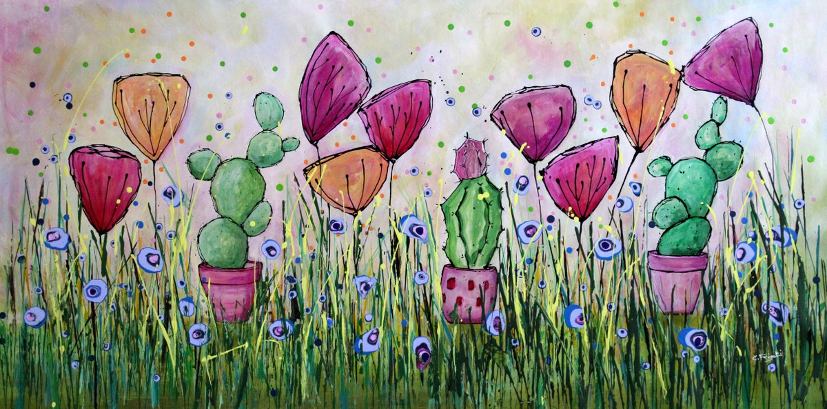 Young Folks- Prickly Friends - Large original abstract floral painting by Cecilia Frigati