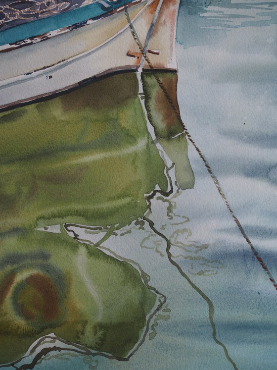 Turkish boat in the port - original seascape watercolor reflection