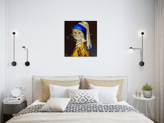 Cat with the pearl earring inspired by Vermeer painting modern home wall decor palette knife urban art feline art for cat lovers gift idea