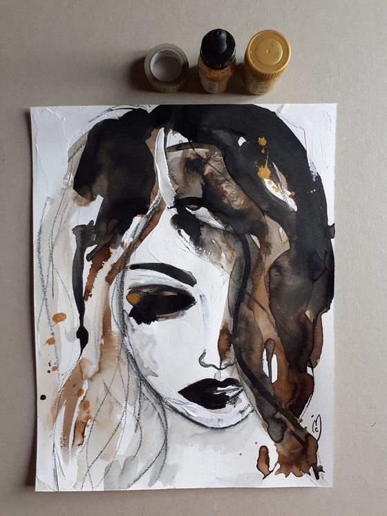 Woman Portrait Ink Watercolor