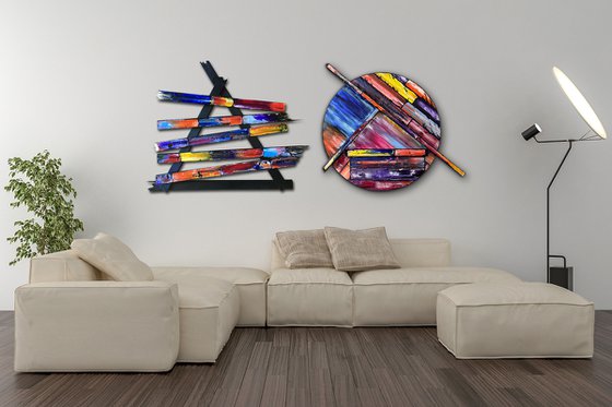 "Shape Up or Ship Out" - Save As A Series - Original PMS Sculptural Oil Painting Assemblage Diptych On Broken Wooden Pieces and Circular Wooden Panel - 63 x 28 inches