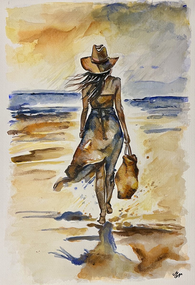 Impressionistic Portrait Watercolour By Misty Lady - M. Nierobisz, 13 X 19", Walking On The Beach, Original Artwork