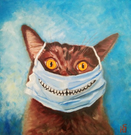 Lockdown cat, cat painting funny cat portrait 40x40 cm by Yulia Berseneva