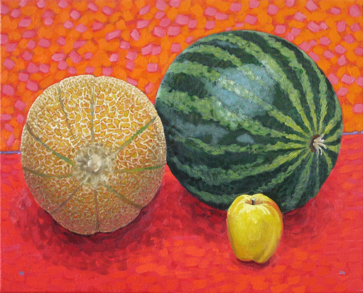 Still Life Oil Painting By Richard Gibson, 20 X 16", Watermelon, Melon And Apple, Original Artwork