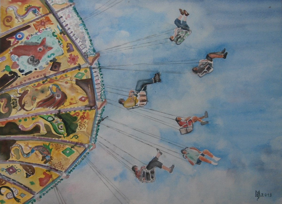 Impressionistic Watercolour , Merry-Go-Round By Zoran Mihajlovic Muza, 15 X 11, Artwork For Sale On Artfinder