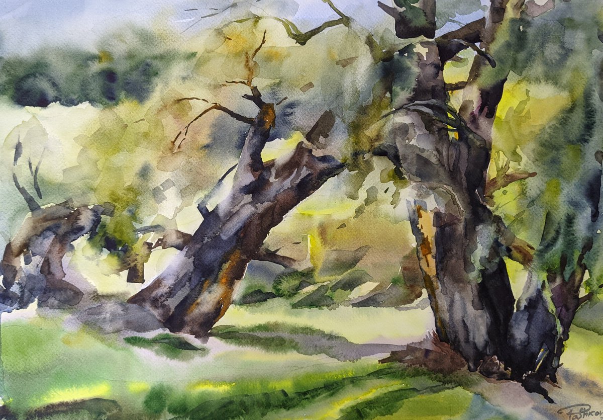 Impressionistic Landscape Watercolour By Yurii Pashkov, 22 X 15", Old Trees, Original Artwork