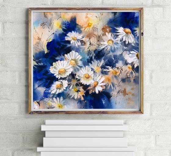 White Daisies Watercolor Painting